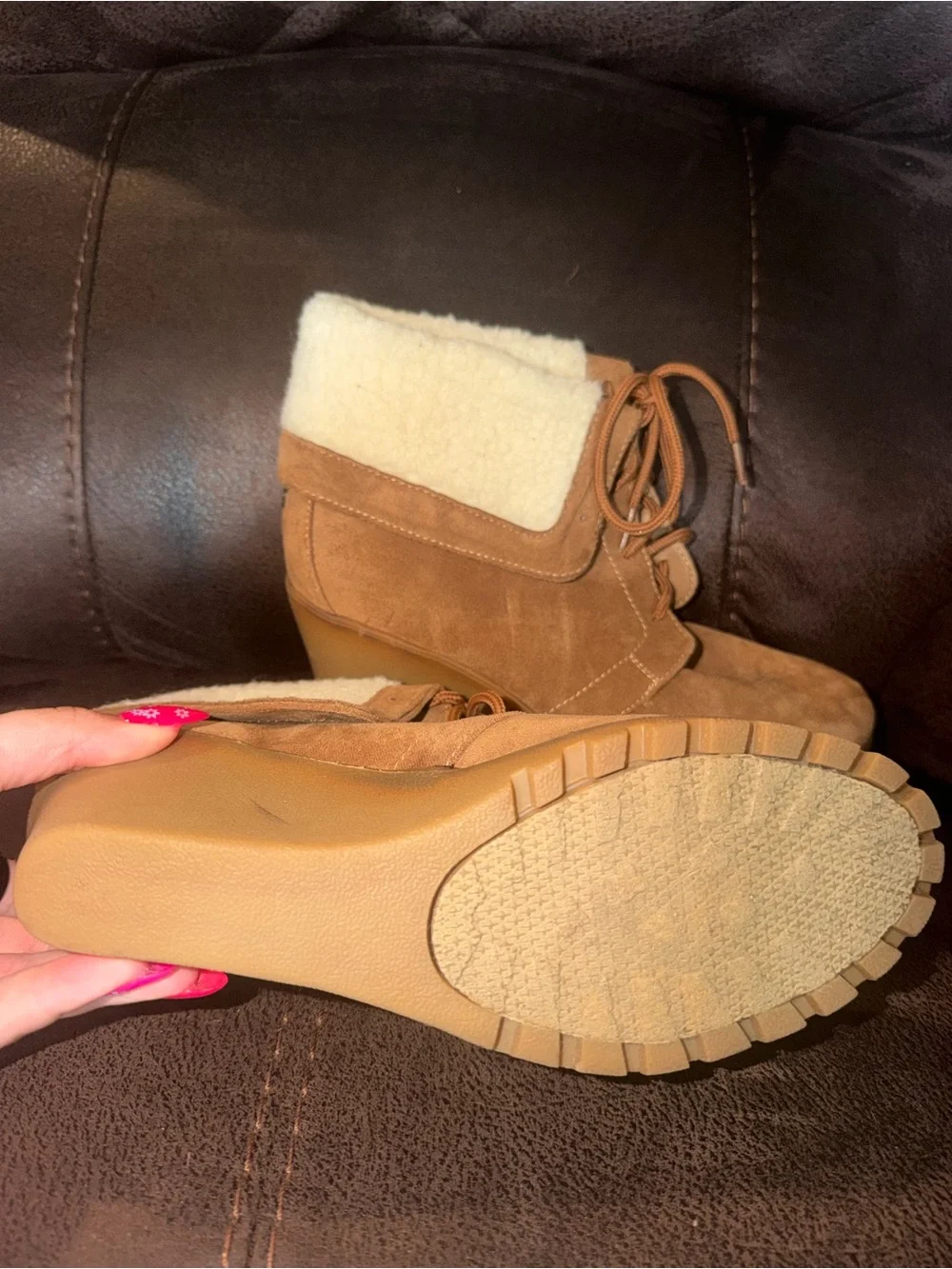 Women’s Tan Suede Wedge Bootie with Shearling Collar